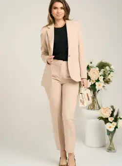 Pantaloni DY Fashion office din stofa bej cu dunga