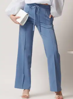Pantaloni DY Fashion office din stofa bleu cu snur in talie