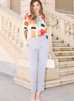 Pantaloni DY Fashion office din stofa gri cu buzunare