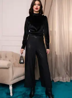 Pantaloni eleganti din crep negri cu paiete