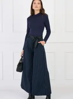 Pantaloni office din stofa bleumarin cu dungi si cordon in talie