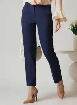 Pantaloni office din stofa bleumarin simpli cu buzunare