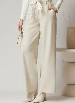 Pantaloni office din stofa ivory cu cordon in talie
