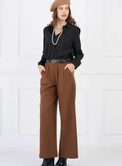 Pantaloni office din stofa maro cu elastic si curea in talie