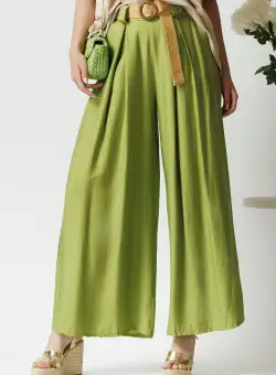 Pantaloni smart-casual din in verzi cu pliuri si curea in talie