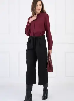 Pantaloni smart-casual din stofa negri evazati cu buzunare si cordon