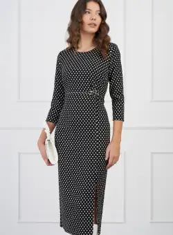 Rochie Aniela neagra cu buline si accesoriu in talie