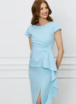Rochie bleu cu peplum si volan pe fusta