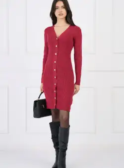 Rochie casual din tricot reiat fucsia cu insertii din fir lurex si nasturi