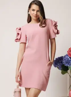 Rochie de ocazie roz cu flori maxi pe maneci