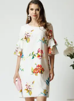 Rochie de zi din viscoza alba cu imprimeuri florale colorate