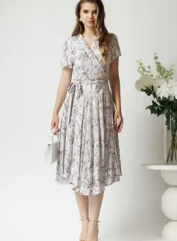 Rochie de zi din viscoza gri cu imprimeu si cordon in talie