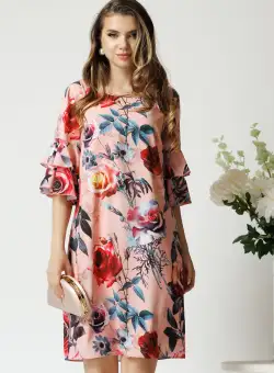 Rochie de zi din viscoza roz cu trandafiri