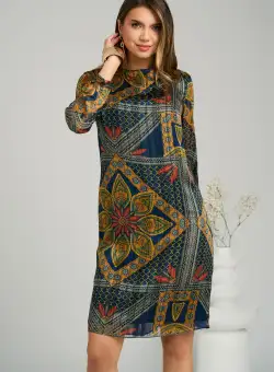Rochie de zi din voal bleumarin cu imprimeuri galbene