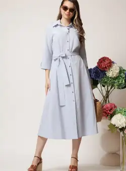 Rochie de zi tip camasa din bumbac gri cu cordon in talie