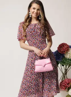Rochie de zi vaporaosa din voal cu imprimeuri florale roz