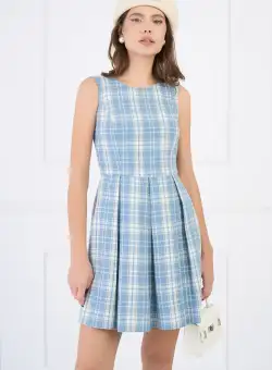 Rochie din lana bleu cu carouri tip sarafan