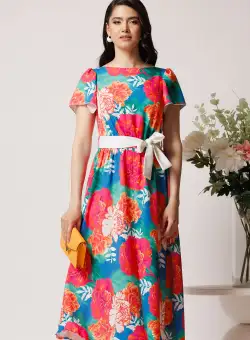 Rochie din triplu voal turcoaz cu imprimeu floral orange si cordon in talie