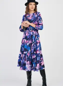 Rochie DY Fashion albastra cu imprimeu floral mov si curea in talie