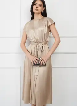 Rochie DY Fashion bej cu strasuri pe bust si curea in talie
