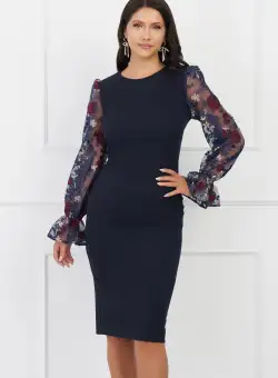 Rochie DY Fashion bleumarin cu trandafiri bordo pe maneci