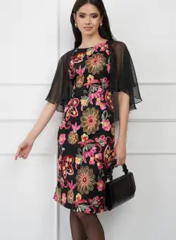 Rochie DY Fashion din dantela cu flori roz si maneci din voal