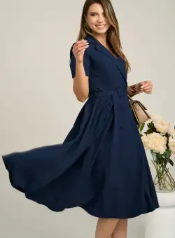 Rochie DY Fashion din stofa bleumarin cu nasturi si curea in talie