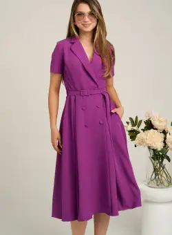 Rochie DY Fashion din stofa mov cu nasturi si curea in talie