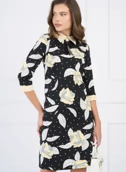 Rochie DY Fashion din stofa neagra cu imprimeu si guler ivory
