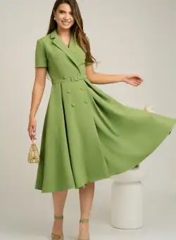 Rochie DY Fashion din stofa verde cu nasturi si curea in talie