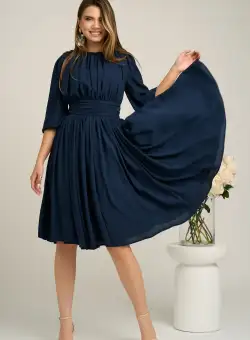 Rochie DY Fashion din voal bleumarin clos cu pliuri