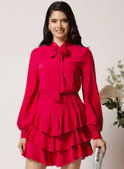 Rochie DY Fashion din voal fucsia scurta cu volane la baza