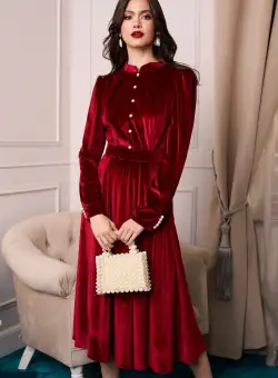Rochie DY Fashion eleganta din catifea bordo cu nasturi si curea in talie