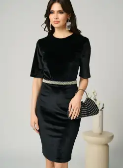 Rochie DY Fashion eleganta din catifea neagra cu perle in talie