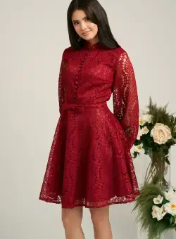 Rochie DY Fashion eleganta din dantela bordo cu nasturi la bust