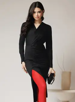 Rochie DY Fashion eleganta din lycra neagra cu fronseu pe fusta