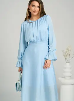 Rochie DY Fashion eleganta din satin bleu cu pliuri la bust si croi clos