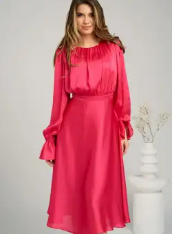 Rochie DY Fashion eleganta din satin fucsia cu pliuri la bust si croi clos