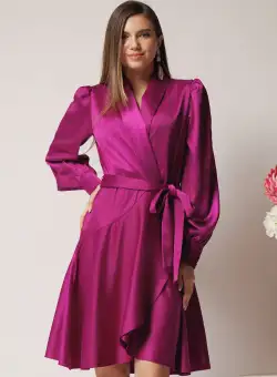Rochie DY Fashion eleganta din satin magenta cu croi petrecut si cordon in talie