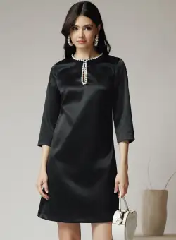 Rochie DY Fashion eleganta din satin neagra cu perle la bust