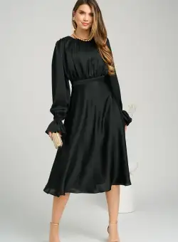 Rochie DY Fashion eleganta din satin neagra cu pliuri la bust si croi clos