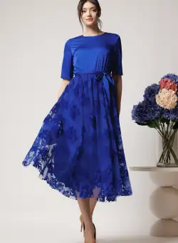 Rochie DY Fashion eleganta din satin si tull albastra cu insertii catifelate