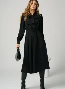 Rochie DY Fashion eleganta din voal neagra cu nasturi pe umeri si curea in talie