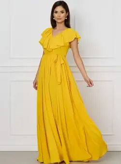 Rochie Dy Fashion galbena lunga cu volan la bust si cordon in talie