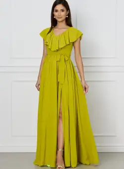 Rochie Dy Fashion lime lunga cu volan la bust si cordon in talie