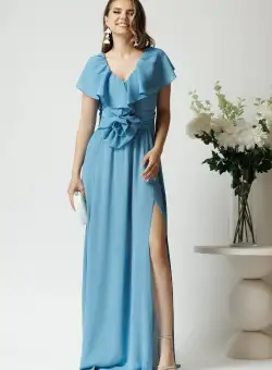 Rochie DY Fashion lunga eleganta din voal bleu cu floare in talie si volan la bust