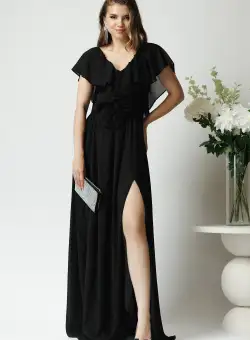 Rochie DY Fashion lunga eleganta din voal neagra cu floare in talie si volan la bust