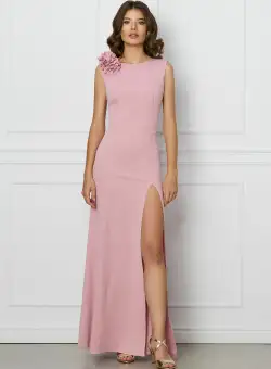 Rochie DY Fashion lunga roz cu floare la umar
