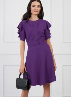 Rochie DY Fashion mov cu pliuri pe bust si volane pe maneci