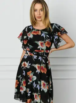 Rochie DY Fashion neagra cu imprimeuri florale corai